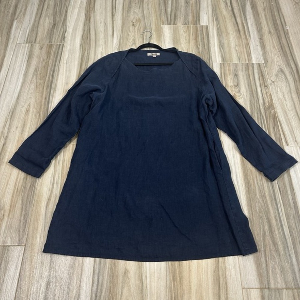 Flax‎ Linen Mini Tunic Dress L Navy Blue Pockets Boho Lagenlook Coastal Beach